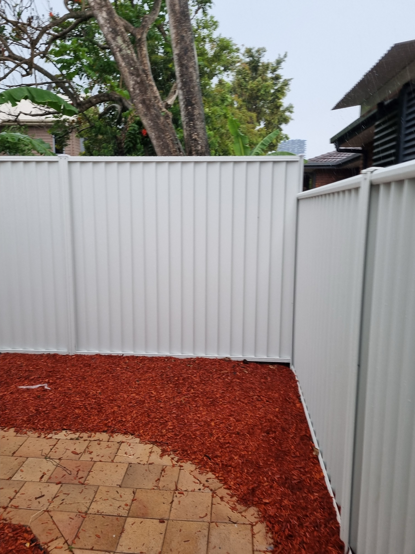 Cream Colorbond fence panels with mature trees behind the boundary line.